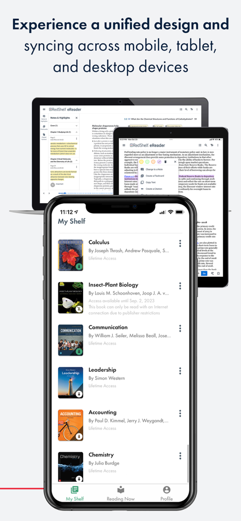 RedShelf - RedShelf app interface across smartphone, tablet, and laptop showing digital textbooks and study tools.