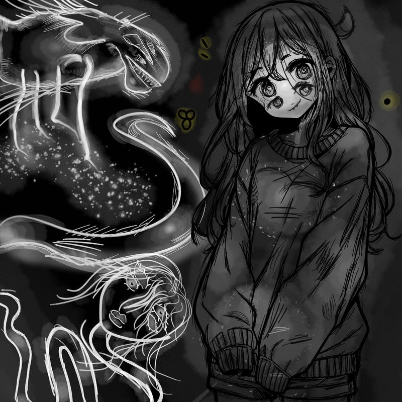 manga teen girl  in a sweater and baggy pants