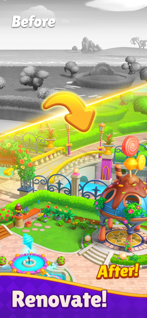 Dream Mania - Match 3 Games - Uma comparação de antes e depois de uma reforma colorida de jardim no jogo mobile Dream Mania.