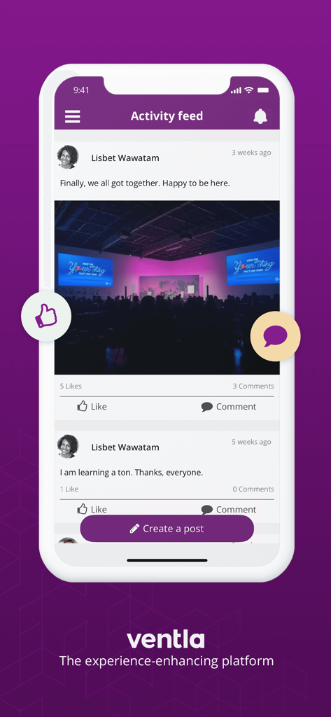 Feed de atividades do aplicativo Ventla mostrando postagens sociais de participantes e recursos de interação em eventos