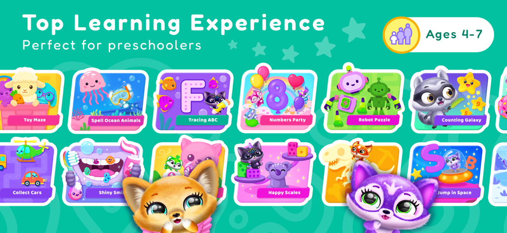 Fluvsies Academy: Learn & Play - Eine Sammlung von Lernminispielen für Kinder mit Alphabet-Nachzeichnen, Zählen und Logikrätseln mit niedlichen Charakteren