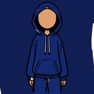faceless girl in a tracksuit with a hood on and no hair
