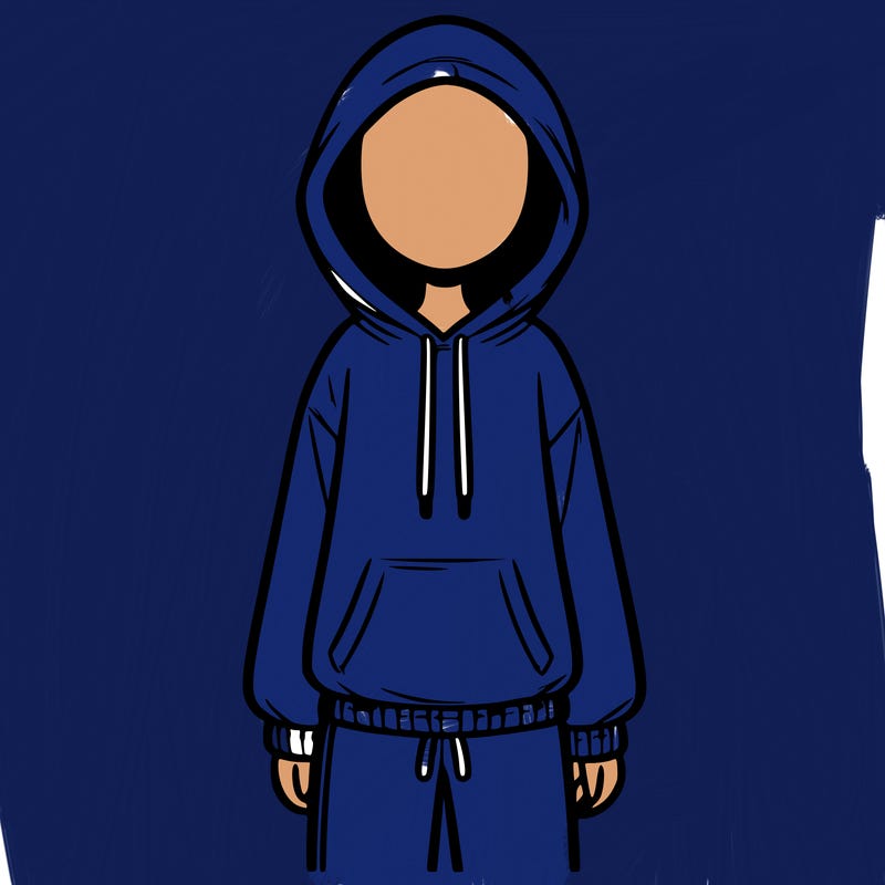 faceless girl in a tracksuit with a hood on and no hair