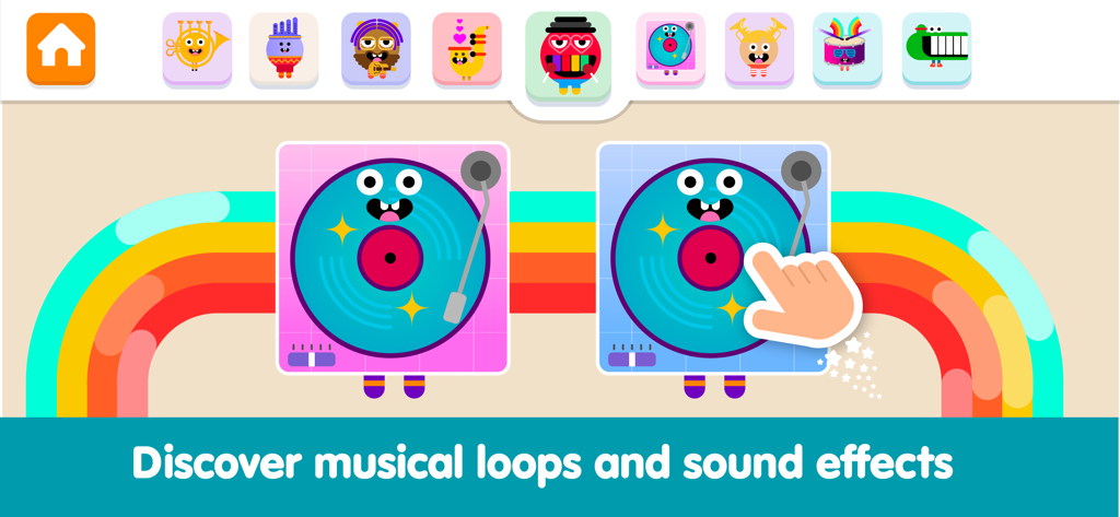 Kids Piano Fun: Music Games - Kids music game screen showing two smiley record players on a rainbow background with musical loops and sound effects