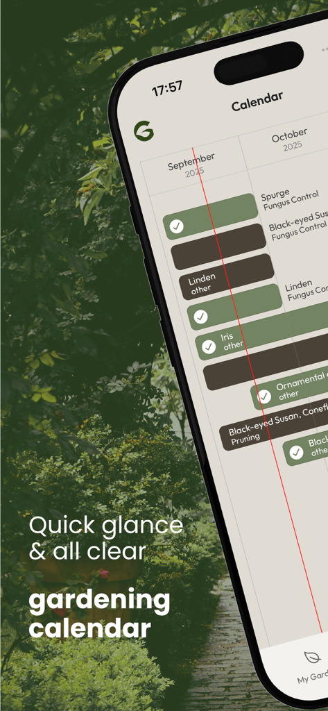 A gardening calendar view in the GROWeR app showing scheduled plant care tasks like pruning and fungus control
