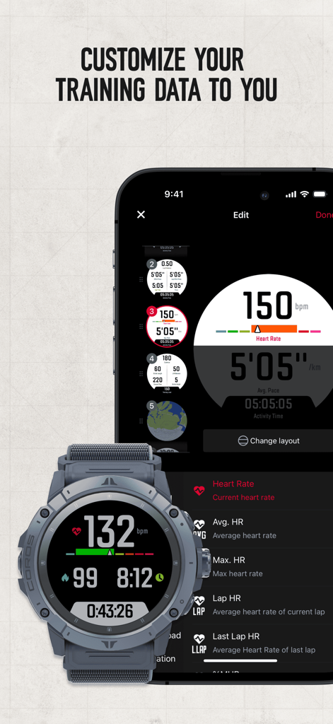 Un smartphone et une montre COROS montrant la personnalisation des métriques de données d'entraînement