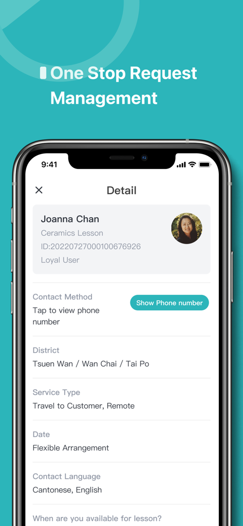 HelloToby Pro - HelloToby Pro app interface showing detailed service request information for a ceramics lesson client lead