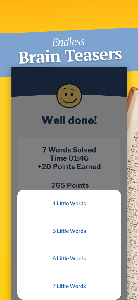 Result screen for the 7 Little Words game showing points earned and time taken