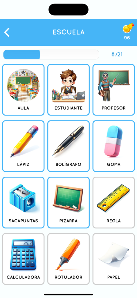 Learn Spanish for Beginner - A educational app screen showing a grid of school related vocabulary in Spanish with colorful illustrations