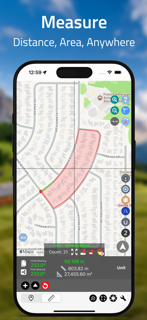 Coordinates – GPS Converter - iPhone screen showing Coordinates app measuring land area and distance on a residential map.