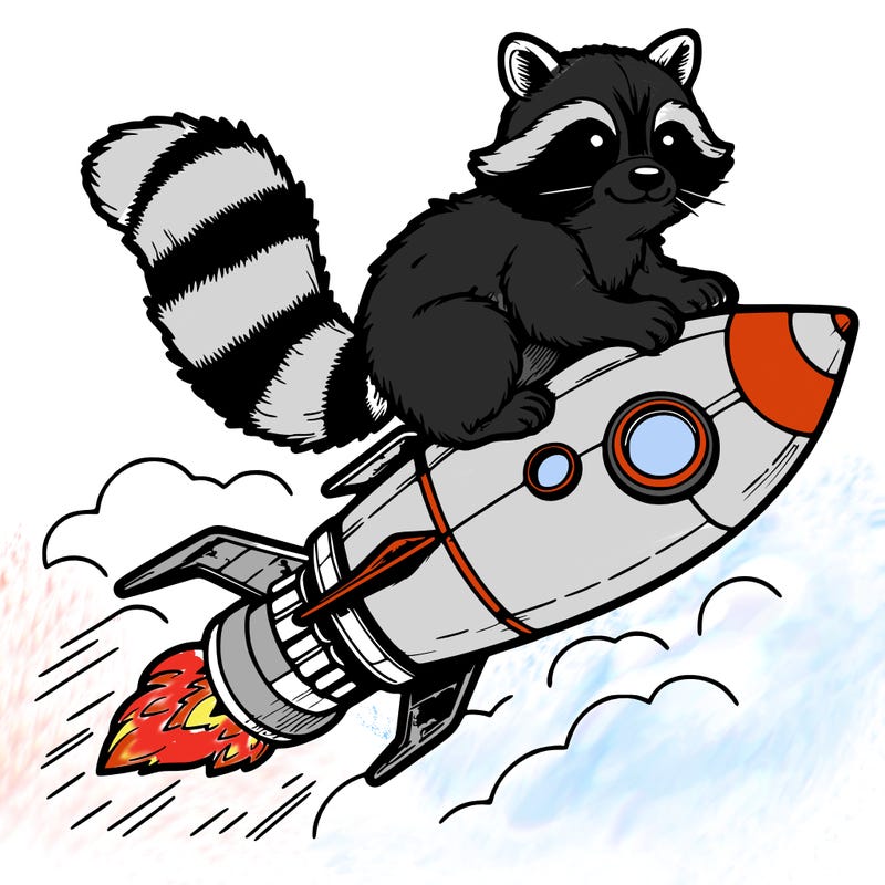 realistic raccoon flying on top rocket ship