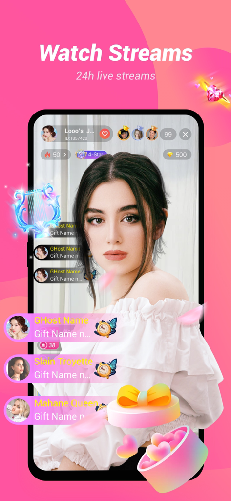 Ligo live - Ligo Live mobile app interface showing a 24 hour live stream with interactive digital gifts and viewer comments.