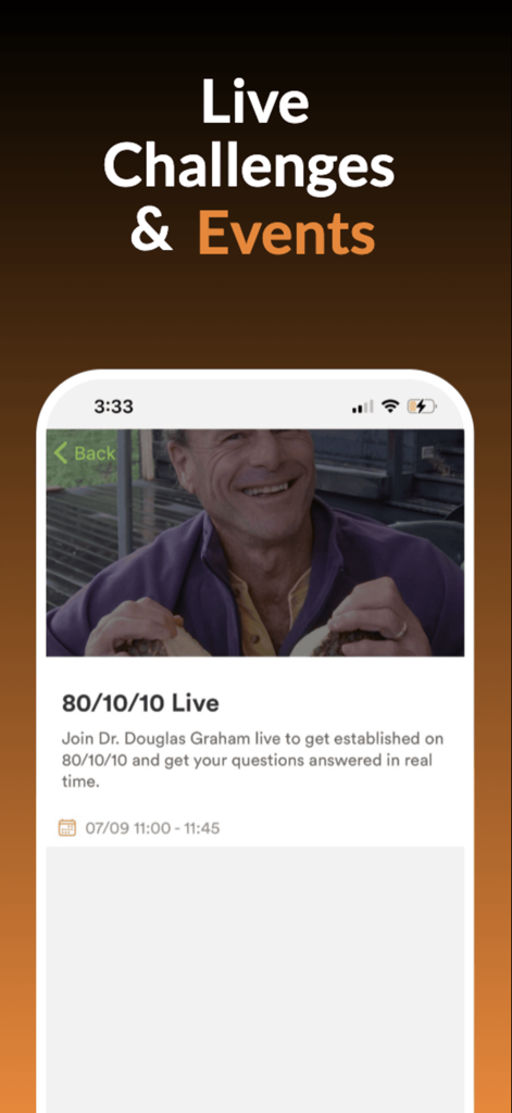 Live events and challenges feature in the 80-10-10 Diet app showing Dr Douglas Graham
