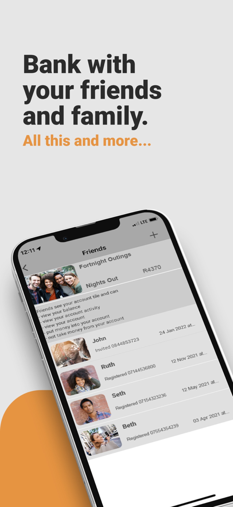 Bank Zero - Bank Zero app interface showing the social banking feature to link friends and family