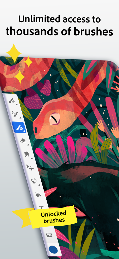 Adobe Fresco: Draw & Paint App - Adobe Fresco app interface showing a colorful snake illustration and a sidebar with thousands of drawing brushes
