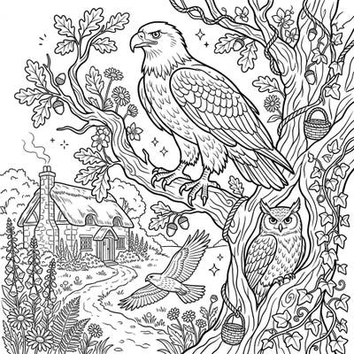 Discover the enchanting blend of power and tranquility with our Birds of Prey Cottagecore coloring page. Immerse yourself in a serene forest scene featuring a regal eagle, a watchful owl, and a charming rustic cottage.