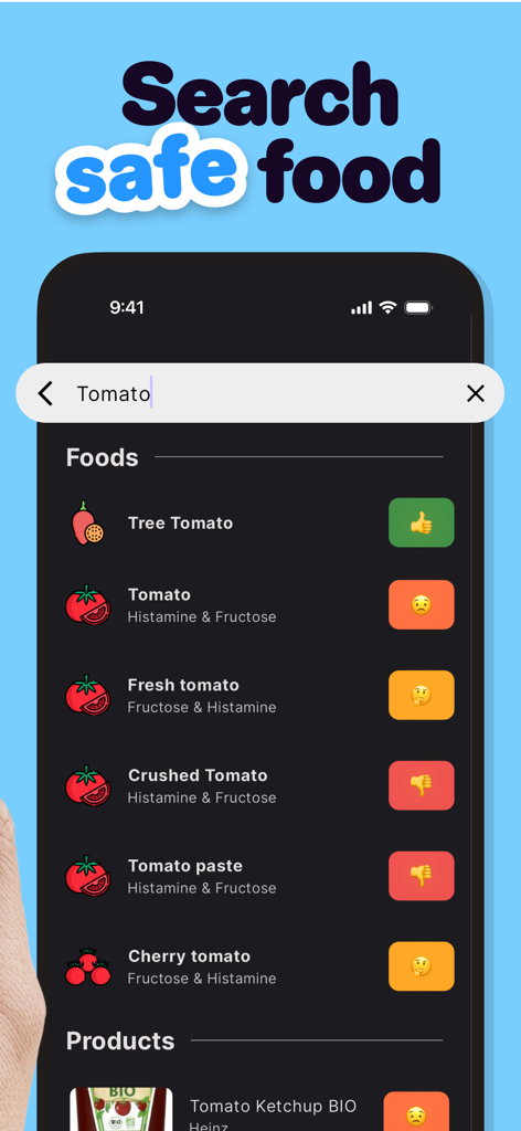 FODMAP & Allergy: InTolerApp - Interfaz móvil de InTolerApp que muestra resultados de búsqueda de tomate con calificaciones de compatibilidad de intolerancia alimentaria para histamina y fructosa.
