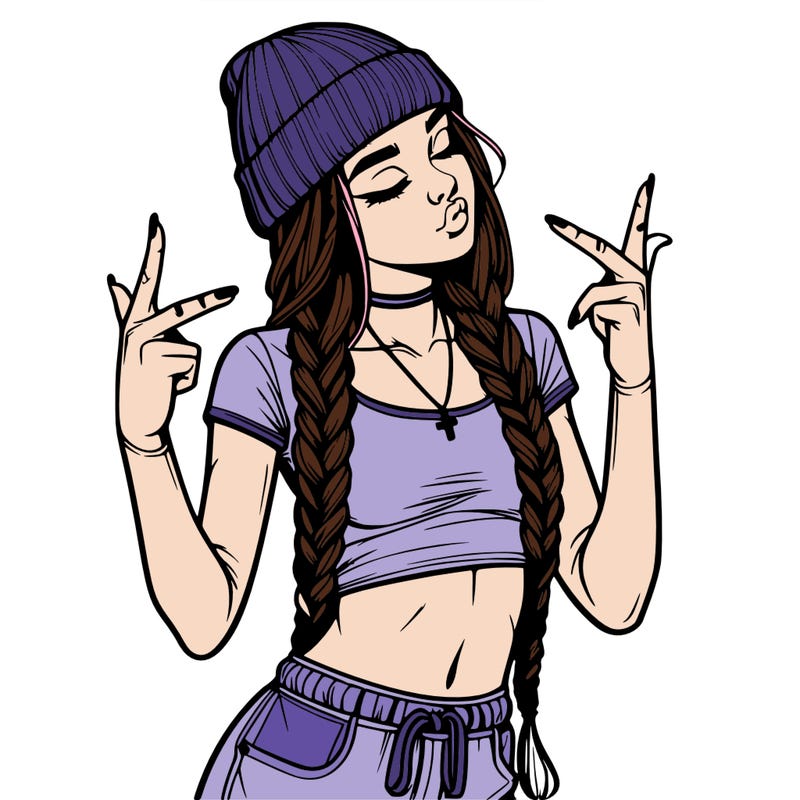realistic teenage girl with braids and a beanie and crop top doing 🫶🏼