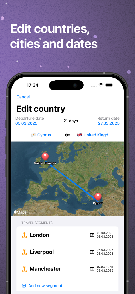 런던 리버풀 및 맨체스터를 포함한 여행 구간 목록과 비행 경로 지도를 보여주는 국가 편집 화면을 보여주는 FastTrack 앱의 스크린샷.