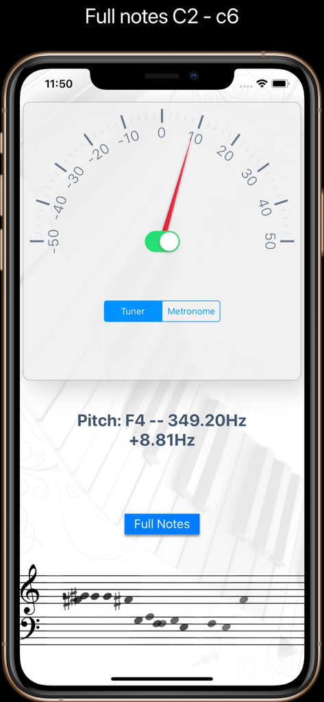 Tuner - Mobile app interface for Music Tuner showing frequency detection and notes on a musical staff