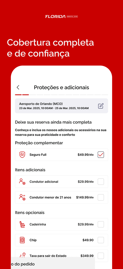 Tela do aplicativo Florida Rental Car exibindo opções de seguro de carro e adicionais para o aeroporto de Orlando