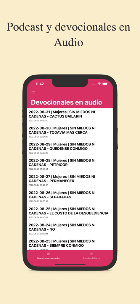 Devocionales para Mujeres - A list of daily audio devotionals and podcasts for women in Spanish on a mobile screen