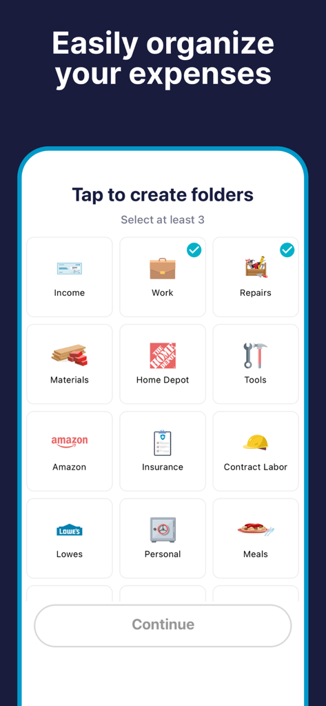 SimplyWise: Receipts, Expenses - SimplyWise app interface showing various expense categories like Work, Repairs, and Materials for organization