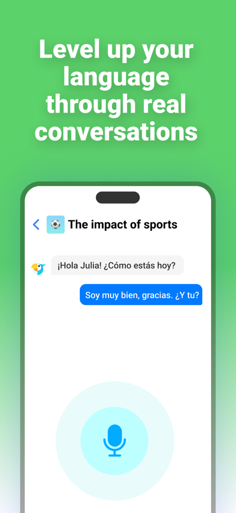 Papagaio - Speak and Learn - Papagaio app interface showing a real-time Spanish conversation practice session with an AI tutor