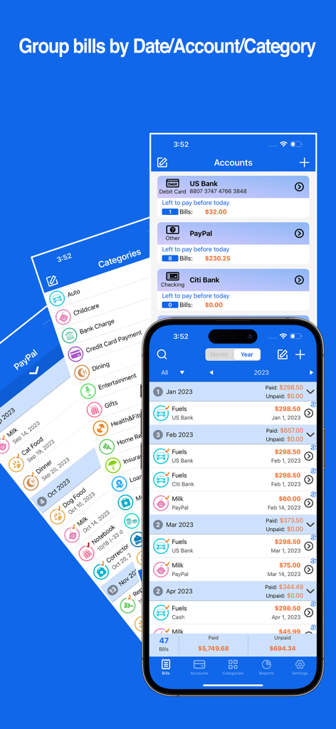 Bills Monitor Pro app screens showing how to group bills by date account and category
