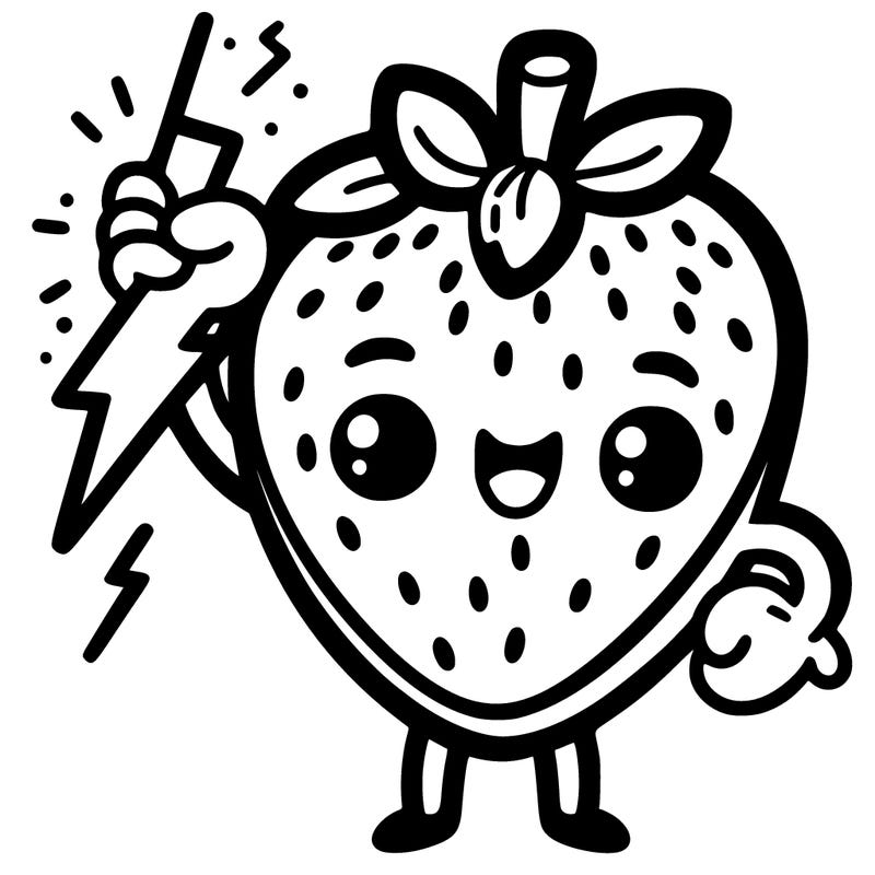 strawberry with face and holding lighting bolt