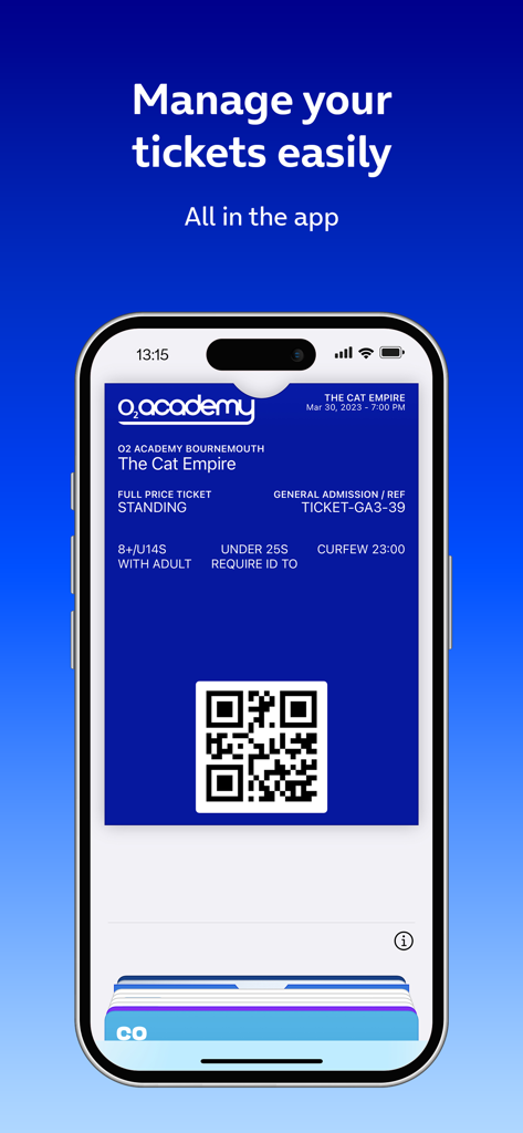 Tela de smartphone exibindo um ingresso digital de show com um código QR no aplicativo O2 Academy Venues