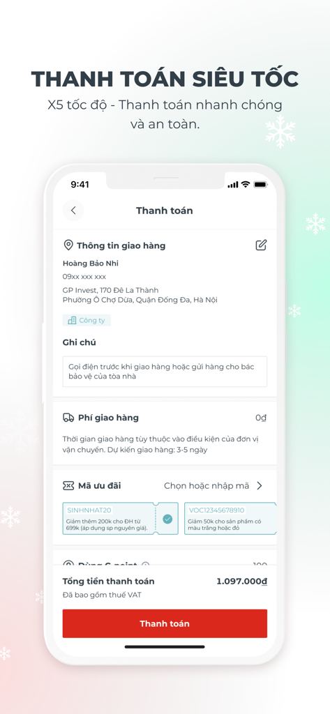 Canifa - Canifa mobile app checkout screen displaying shipping details and discount codes in Vietnamese
