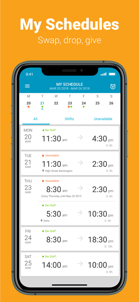 Fourth - Screenshot of the Fourth app My Schedules screen showing a weekly list of work shifts for hospitality staff