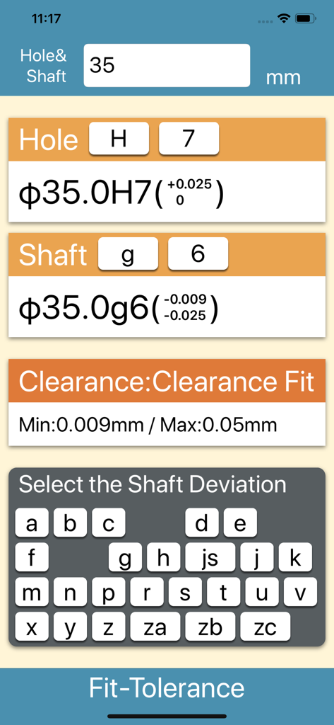 Mobile interface of the Fit Tolerance Calculator app showing ISO fit data for hole and shaft