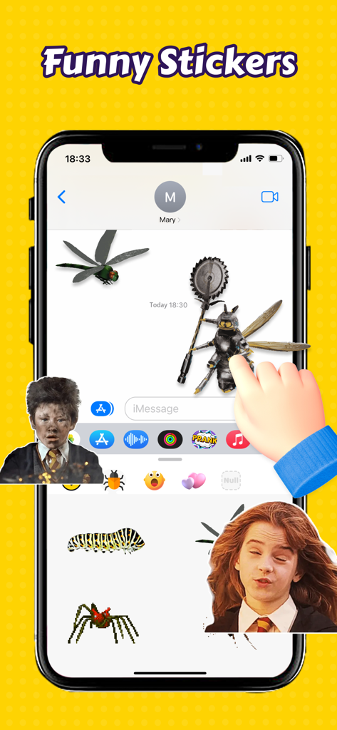 A collection of funny meme stickers and insect graphics for messaging in the Prank App