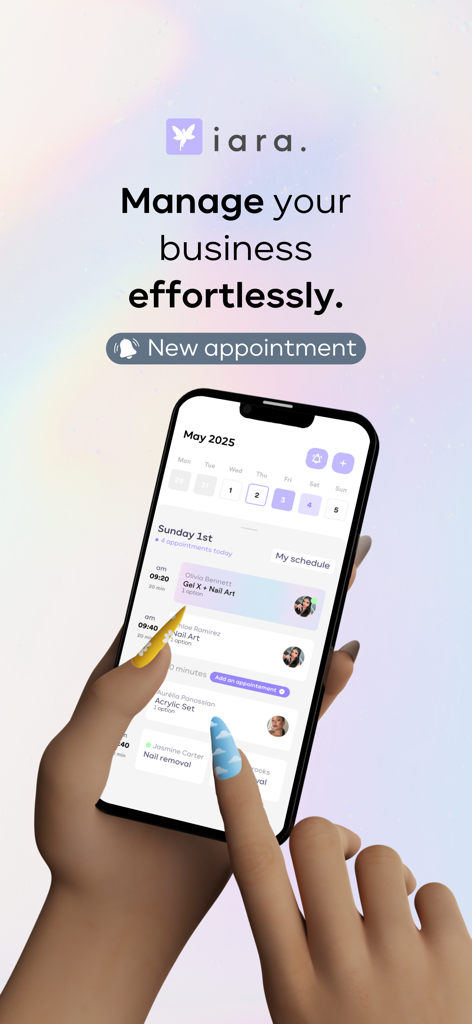 Smartphone displaying the iara app calendar and appointment schedule for beauty professionals