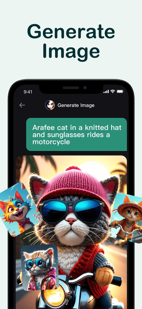 Interface de l'application Gam.AI montrant la génération d'images par IA d'un chat sur une moto