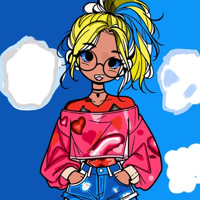 girl with a messy ponytail glasses a baggy crop top and jean shorts