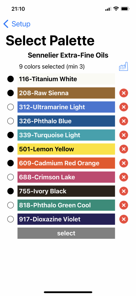Real Paint mixing tools PRO - Screenshot of the Real Paint mixing tools PRO app showing the palette selection screen for Sennelier Extra-Fine Oils with various color swatches