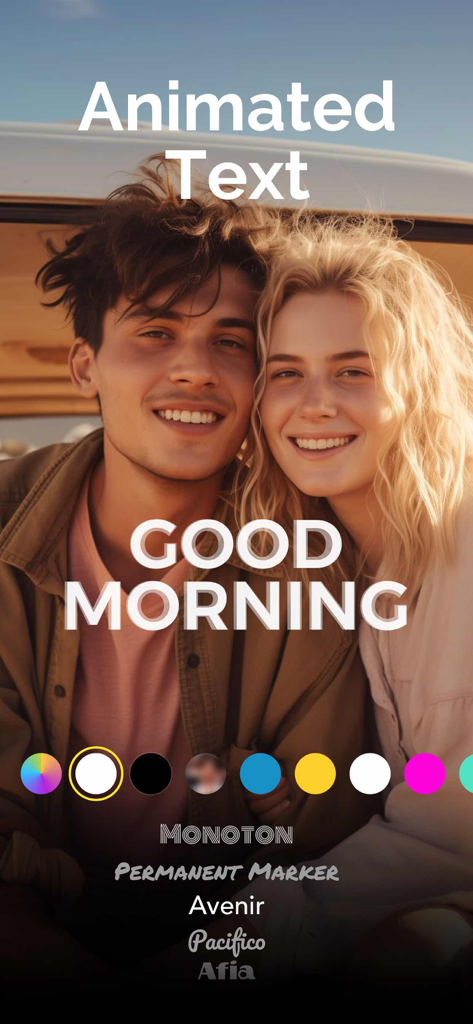 StoryWave - Video Maker - StoryWave app interface showing animated text overlays and font options over a smiling couple