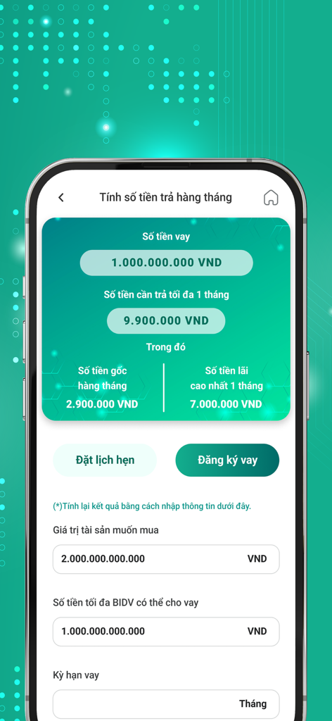 BIDV Home app screen showing a monthly loan repayment calculation with options to schedule an appointment or register for a loan