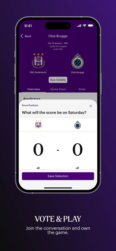 Score predictor screen in the RSCA Official app for a soccer match