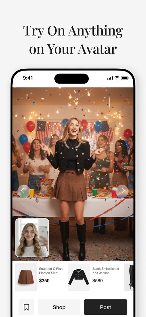 A virtual try on of a stylish outfit on an AI avatar within the Gensmo app