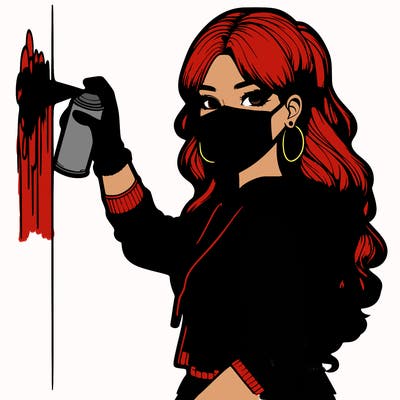 realistic girl with mask spray painting a wall