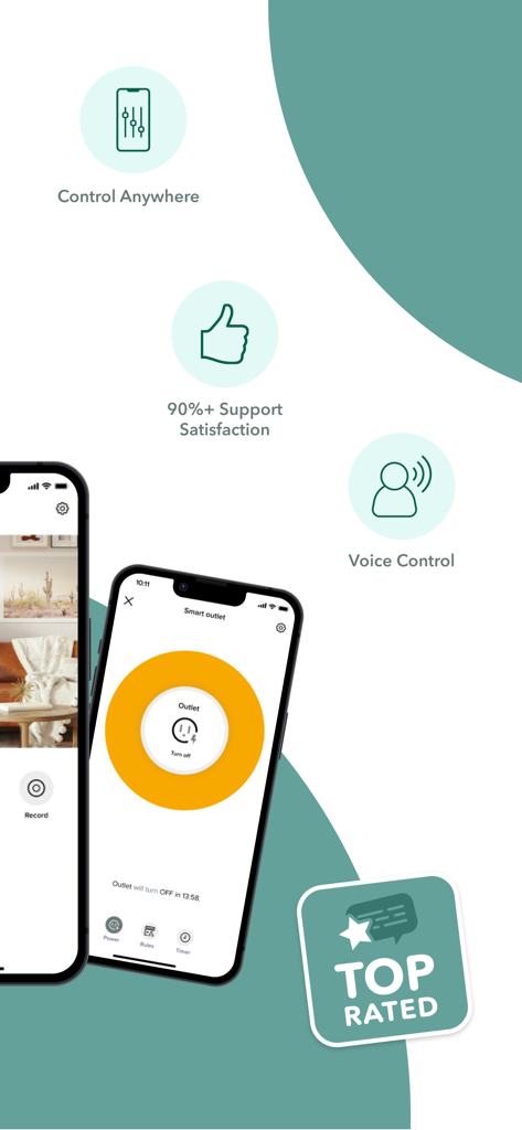 Interface of the Merkury Smart app showing remote outlet control and voice activation features