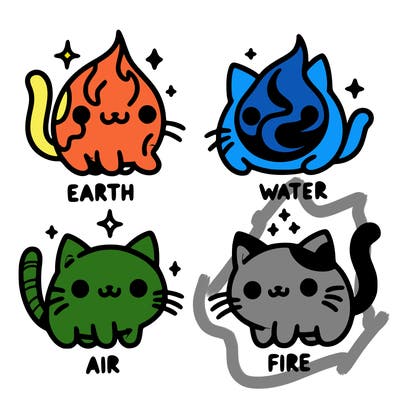 4 cats that represent the different elements, earth, water, air, and fire