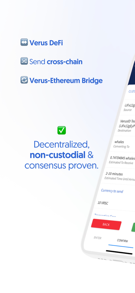 Verus Mobile - Verus Mobile app screen highlighting DeFi features and cross-chain bridge capabilities.