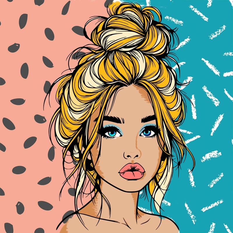 realistic girl with a messy bun and she has lips