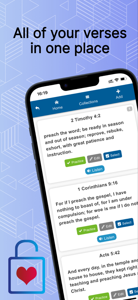 Bible Memory VerseLocker app screen showing a collection of verses with buttons to practice and listen