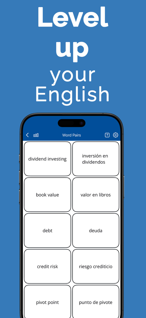 Financial English: Learn Words - A mobile app screen showing a word matching game for learning financial English terms with Spanish translations
